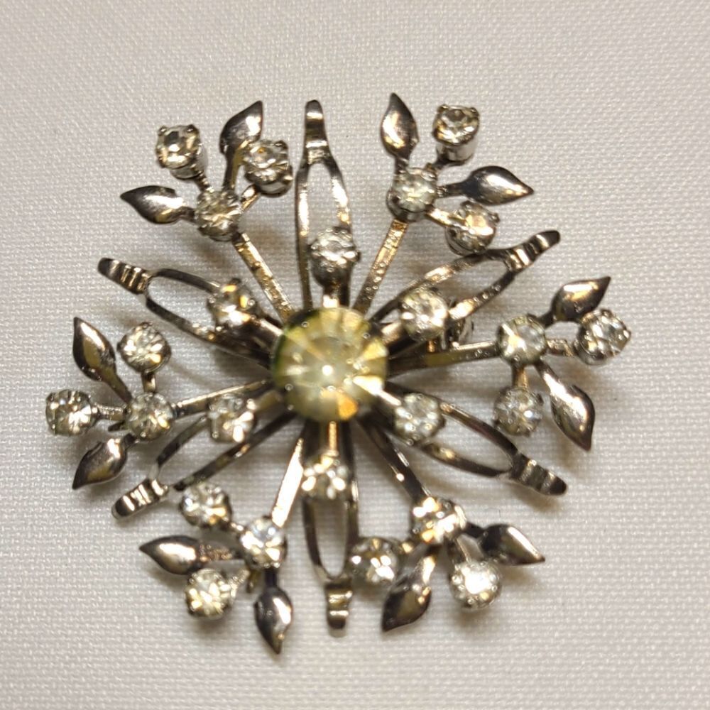 Vintage rhinestone brooch, Flower, silver tone